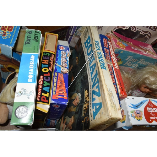 436 - FOUR BOXES OF VINTAGE DOLLS, BOARD GAMES AND SOFT TOYS, to include a H. J. Nash handmade bear, a 198... 