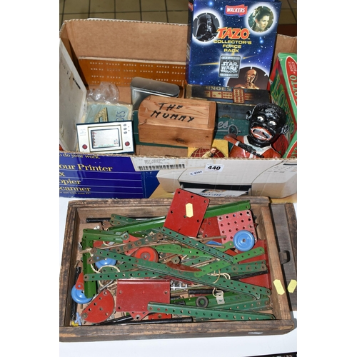 440 - ONE BOX AND LOOSE VINTAGE GAMES AND TOYS, to include a wooden  boxed set of 1950's Meccano, a boxed ... 