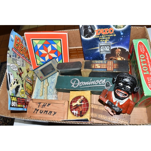 440 - ONE BOX AND LOOSE VINTAGE GAMES AND TOYS, to include a wooden  boxed set of 1950's Meccano, a boxed ... 