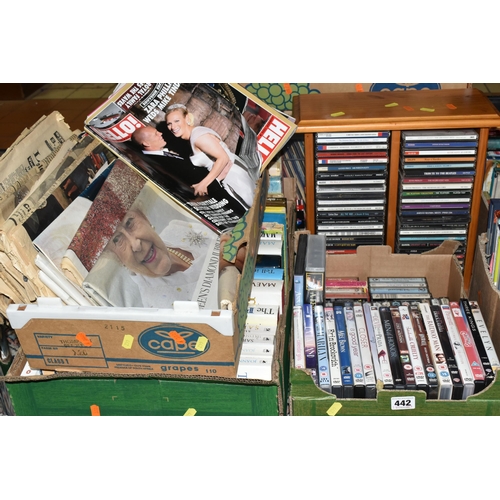 442 - FIVE BOXES OF LP RECORDS, CD'S, DVDS AND BOOKS, to include Royal commemorative newspapers and magazi... 