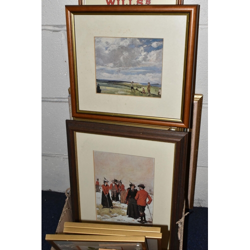 443 - A SMALL QUANTITY OF DECORATIVE PRINTS, to include prints depicting females playing golf -  hand tint... 