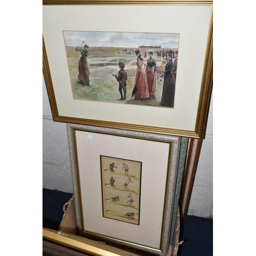 443 - A SMALL QUANTITY OF DECORATIVE PRINTS, to include prints depicting females playing golf -  hand tint... 