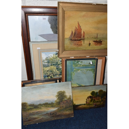 444 - A SMALL QUANTITY OF PAINTINGS AND PRINTS ETC, to include an unframed late 19th century unsigned land... 