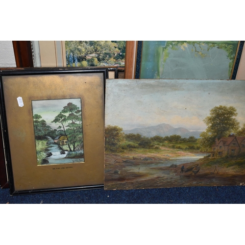 444 - A SMALL QUANTITY OF PAINTINGS AND PRINTS ETC, to include an unframed late 19th century unsigned land... 