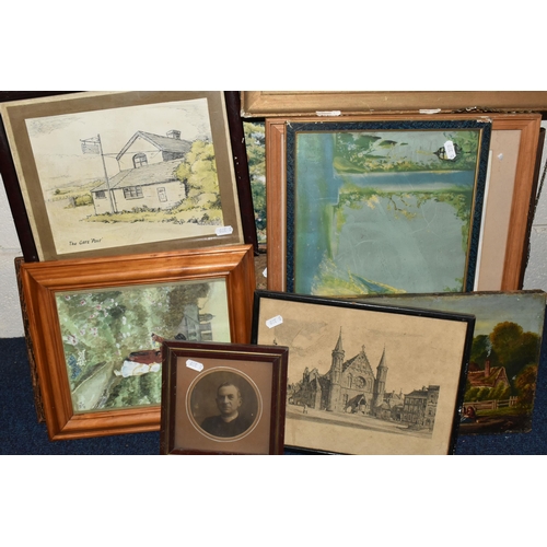 444 - A SMALL QUANTITY OF PAINTINGS AND PRINTS ETC, to include an unframed late 19th century unsigned land... 