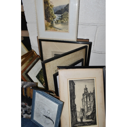 447 - A BOX OF PAINTINGS AND PRINTS ETC, to include four signed Henry Rushbury etchings - two are in poor ... 