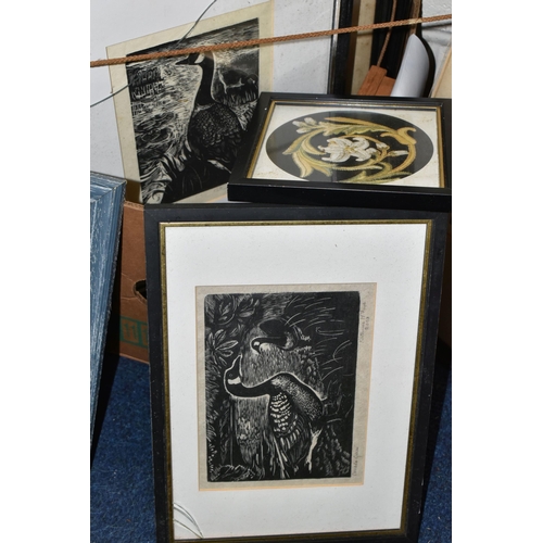 447 - A BOX OF PAINTINGS AND PRINTS ETC, to include four signed Henry Rushbury etchings - two are in poor ... 