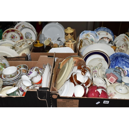 452 - FIVE BOXES OF TEA AND DINNERWARE, to include a Carstens porcelain teapot, covered sugar bowl, cream ... 