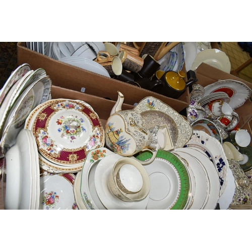 452 - FIVE BOXES OF TEA AND DINNERWARE, to include a Carstens porcelain teapot, covered sugar bowl, cream ... 