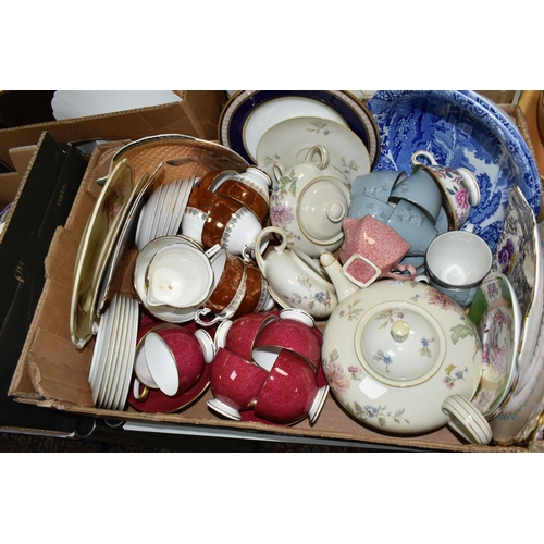 452 - FIVE BOXES OF TEA AND DINNERWARE, to include a Carstens porcelain teapot, covered sugar bowl, cream ... 