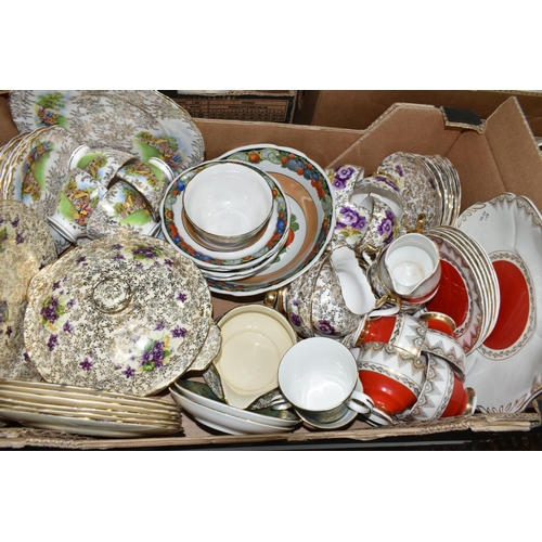 452 - FIVE BOXES OF TEA AND DINNERWARE, to include a Carstens porcelain teapot, covered sugar bowl, cream ... 