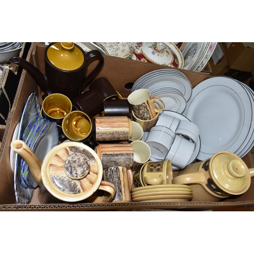 452 - FIVE BOXES OF TEA AND DINNERWARE, to include a Carstens porcelain teapot, covered sugar bowl, cream ... 