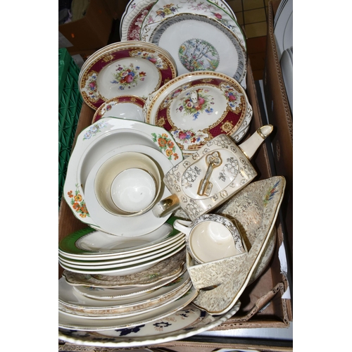 452 - FIVE BOXES OF TEA AND DINNERWARE, to include a Carstens porcelain teapot, covered sugar bowl, cream ... 