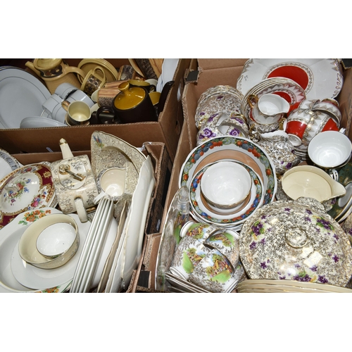 452 - FIVE BOXES OF TEA AND DINNERWARE, to include a Carstens porcelain teapot, covered sugar bowl, cream ... 