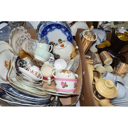 452 - FIVE BOXES OF TEA AND DINNERWARE, to include a Carstens porcelain teapot, covered sugar bowl, cream ... 