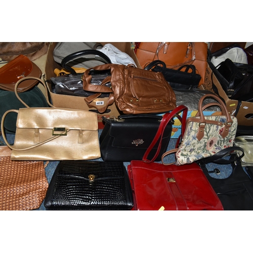 419 - FOUR BOXES OF HANDBAGS AND HATS, over thirty hand bags, maker's names include Tule, Liz Clairborne, ... 