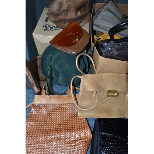 419 - FOUR BOXES OF HANDBAGS AND HATS, over thirty hand bags, maker's names include Tule, Liz Clairborne, ... 