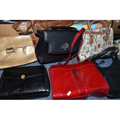 419 - FOUR BOXES OF HANDBAGS AND HATS, over thirty hand bags, maker's names include Tule, Liz Clairborne, ... 