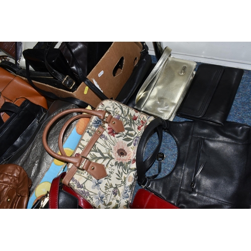 419 - FOUR BOXES OF HANDBAGS AND HATS, over thirty hand bags, maker's names include Tule, Liz Clairborne, ... 