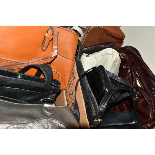 419 - FOUR BOXES OF HANDBAGS AND HATS, over thirty hand bags, maker's names include Tule, Liz Clairborne, ... 