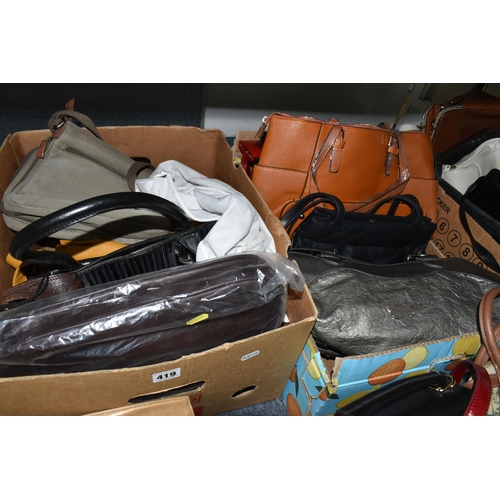 419 - FOUR BOXES OF HANDBAGS AND HATS, over thirty hand bags, maker's names include Tule, Liz Clairborne, ... 