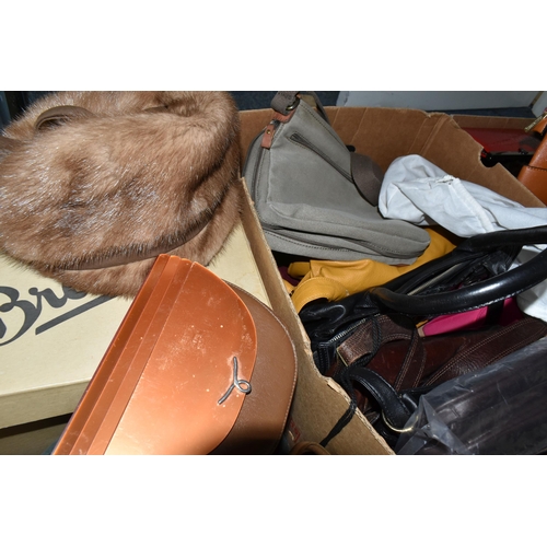 419 - FOUR BOXES OF HANDBAGS AND HATS, over thirty hand bags, maker's names include Tule, Liz Clairborne, ... 