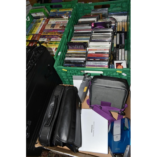 453 - THREE BOXES AND LOOSE TV-RADIO-CASSETTE RECORDER, CDS, VHS TAPES AND SUNDRY ITEMS, to include a 1980... 