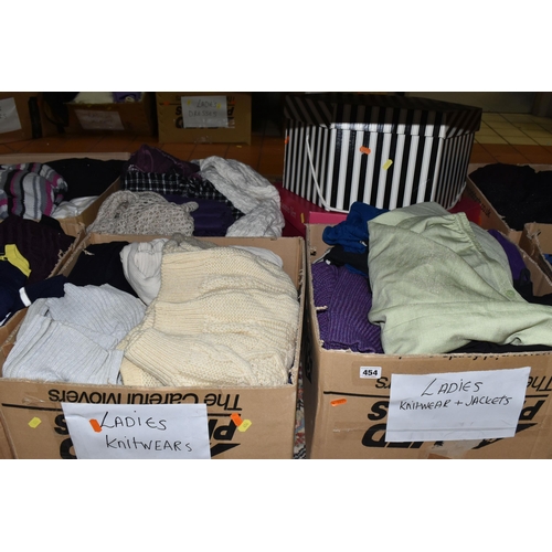 454 - SEVEN BOXES AND LOOSE LADIES' CLOTHING, to include knitwear, skirts, tops and trousers, brands to in... 