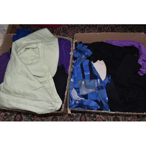 454 - SEVEN BOXES AND LOOSE LADIES' CLOTHING, to include knitwear, skirts, tops and trousers, brands to in... 