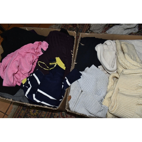 454 - SEVEN BOXES AND LOOSE LADIES' CLOTHING, to include knitwear, skirts, tops and trousers, brands to in... 