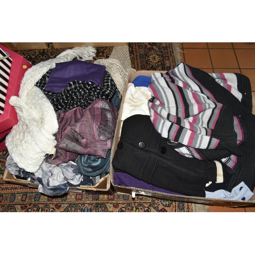 454 - SEVEN BOXES AND LOOSE LADIES' CLOTHING, to include knitwear, skirts, tops and trousers, brands to in... 