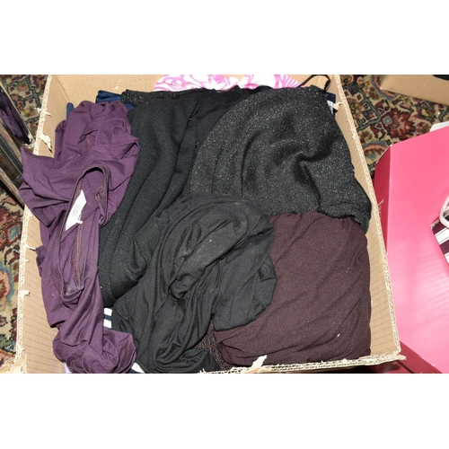 454 - SEVEN BOXES AND LOOSE LADIES' CLOTHING, to include knitwear, skirts, tops and trousers, brands to in... 