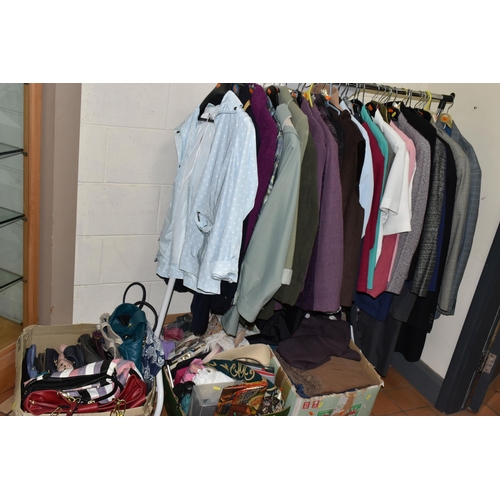 457 - A QUANTITY OF LADIES' CLOTHING AND ACCESORIES, to include six men's checked jackets, a quantity of l... 