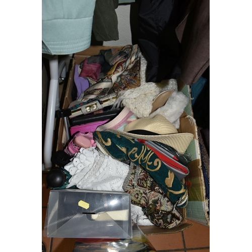 457 - A QUANTITY OF LADIES' CLOTHING AND ACCESORIES, to include six men's checked jackets, a quantity of l... 