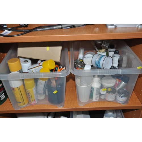 855 - THREE TRAYS CONTAINING MODEL MAKING MATERIALS including paints (partially full), thinners, dope shee... 