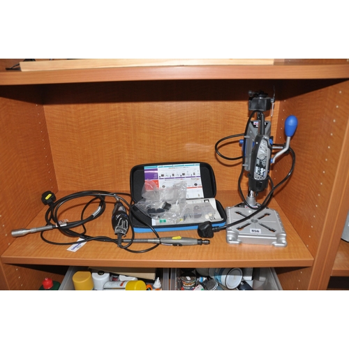 856 - A DREMMEL MODEL 3000 ROTARY TOOLS on a Work Station 200, a Model 300 rotary tool with a flexi shaft,... 