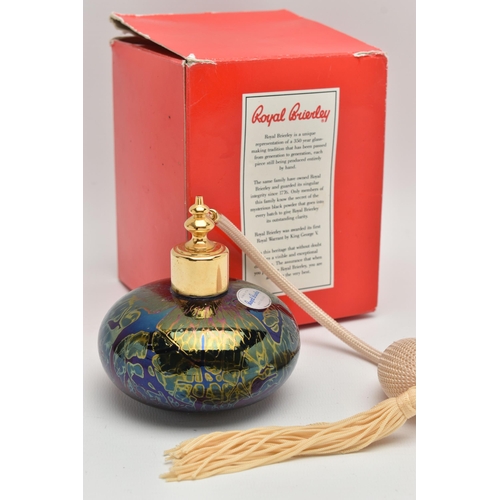 1077A - A BOXED ROYAL BRIERLY STUDIO GLASS PERFUME ATOMIZER, decorated in iridescent petrol blue, possibly d... 