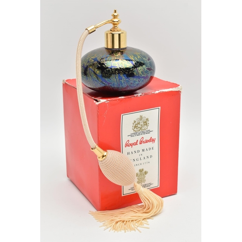 1077A - A BOXED ROYAL BRIERLY STUDIO GLASS PERFUME ATOMIZER, decorated in iridescent petrol blue, possibly d... 