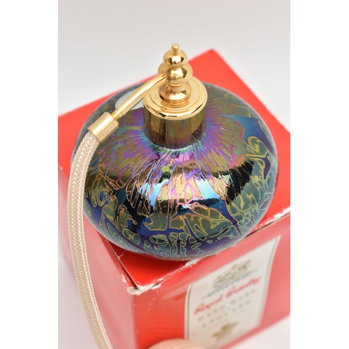 1077A - A BOXED ROYAL BRIERLY STUDIO GLASS PERFUME ATOMIZER, decorated in iridescent petrol blue, possibly d... 