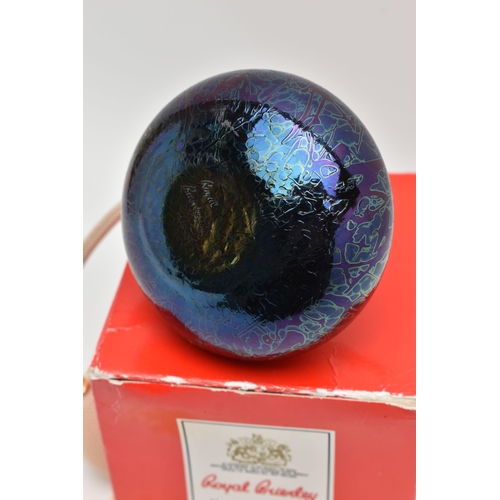 1077A - A BOXED ROYAL BRIERLY STUDIO GLASS PERFUME ATOMIZER, decorated in iridescent petrol blue, possibly d... 