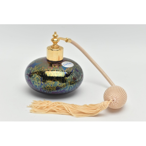 1077A - A BOXED ROYAL BRIERLY STUDIO GLASS PERFUME ATOMIZER, decorated in iridescent petrol blue, possibly d... 