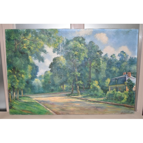 801 - H CLEMENT (20TH CENTURY) A FRENCH WOODLAND LANDSCAPE, a road leading to a junction cuts a path throu... 