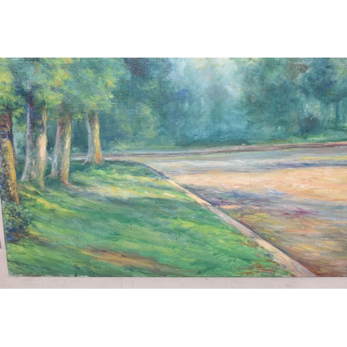 801 - H CLEMENT (20TH CENTURY) A FRENCH WOODLAND LANDSCAPE, a road leading to a junction cuts a path throu... 