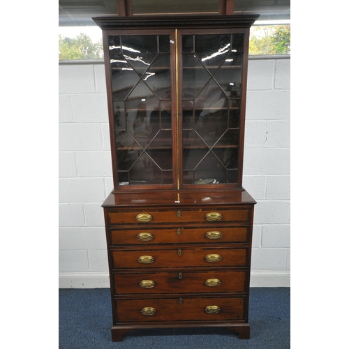 1249 - A GEORGIAN MAHOGANY SECRETAIRE BOOKCASE, the top with double astragal glazed doors, enclosing three ... 