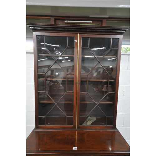 1249 - A GEORGIAN MAHOGANY SECRETAIRE BOOKCASE, the top with double astragal glazed doors, enclosing three ... 