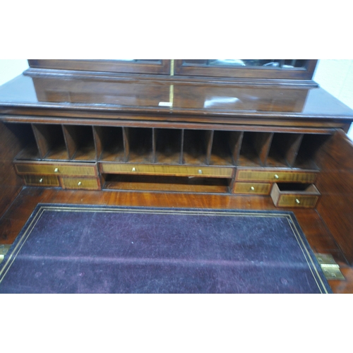 1249 - A GEORGIAN MAHOGANY SECRETAIRE BOOKCASE, the top with double astragal glazed doors, enclosing three ... 