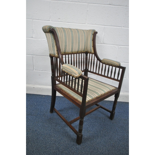 1312 - POSSIBLY EDITH GODWIN, A 20TH CENTURY MAHOGANY ELBOW CHAIR, with green and beige stripped upholstery... 