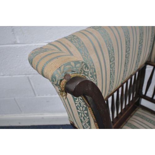 1312 - POSSIBLY EDITH GODWIN, A 20TH CENTURY MAHOGANY ELBOW CHAIR, with green and beige stripped upholstery... 