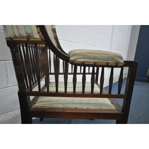 1312 - POSSIBLY EDITH GODWIN, A 20TH CENTURY MAHOGANY ELBOW CHAIR, with green and beige stripped upholstery... 