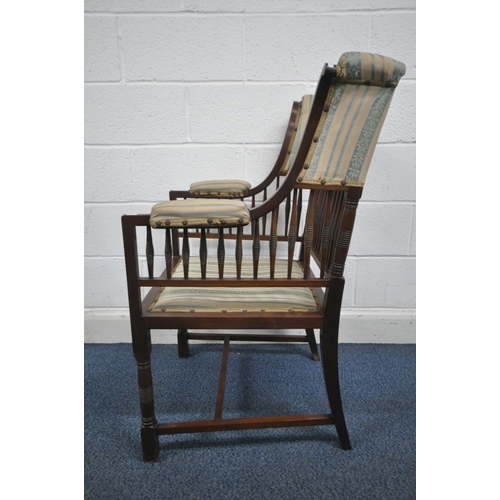 1312 - POSSIBLY EDITH GODWIN, A 20TH CENTURY MAHOGANY ELBOW CHAIR, with green and beige stripped upholstery... 